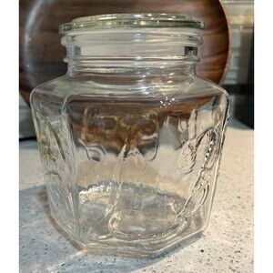 Vtg. VMC Glass Preserve Jar, 1 L Francew/Fruit & Veggies Embossed. Cottagecore